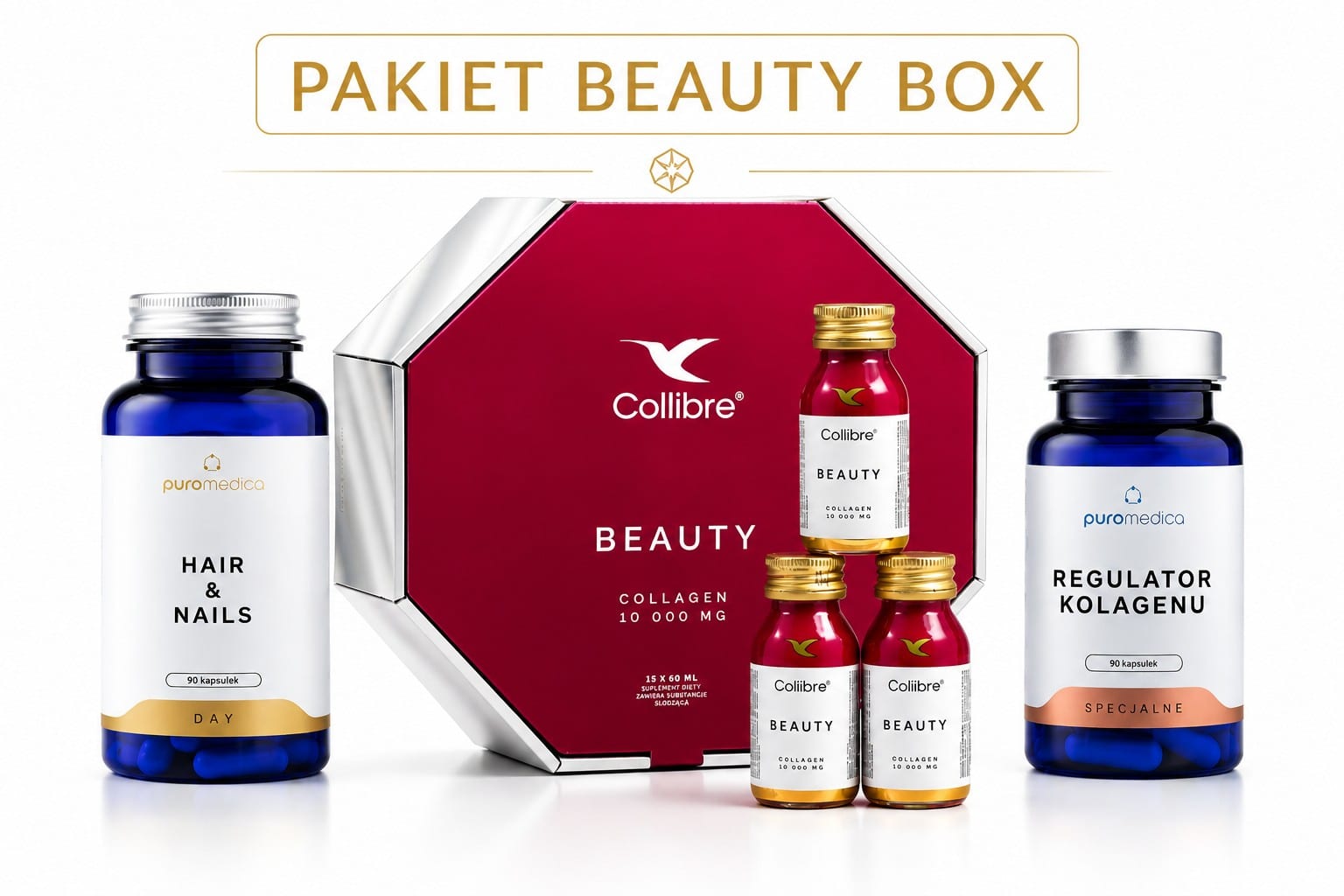 Pakiet Beauty Box - Skóra, Włosy i Paznokcie (Hair&Nails + Collibre Beauty + Regulator Kolagenu)