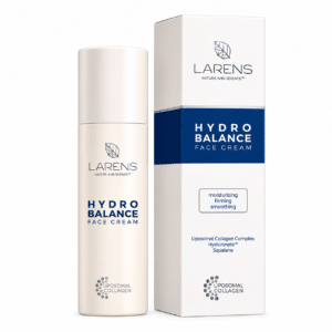 Larens Hydro Balance Face Cream – nawilżający i ujędrniający krem do twarzy z kompleksem liposomalnego kolagenu, hialuronianem i skwalanem. Białe opakowanie kremu oraz kartonik z granatową etykietą na białym tle.